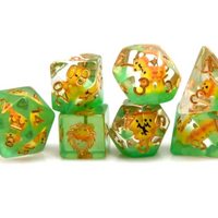Lion Dice Clear & Green 7-Dice Set DND RPG Dice Gold Ink Crown Inclusion