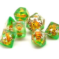Lion Dice Clear & Green 7-Dice Set DND RPG Dice Gold Ink Crown Inclusion