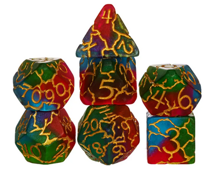 Mystic Aurora Crackle Nexus: 7-Dice RPG Set Translucent with Gold Crackle Effect