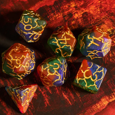 Mystic Aurora Crackle Nexus: 7-Dice RPG Set Translucent with Gold Crackle Effect