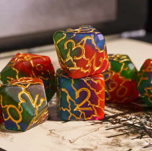 Mystic Aurora Crackle Nexus: 7-Dice RPG Set Translucent with Gold Crackle Effect