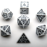 Arcane Obsidian Glyph Polyhedral Dice Set | 7-Dice White & Black