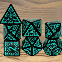 Arcane Teal Glyph Polyhedral Dice Set | 7-Dice Black & Teal