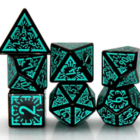 Arcane Teal Glyph Polyhedral Dice Set | 7-Dice Black & Teal