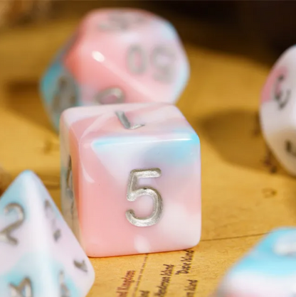 Satyr's Pain 7-Dice Set Blended Blue/Pink/White w/Silver Numbers Dnd Dice