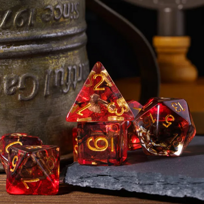 Translucent Red & Clear Barbarian-Style 7-Dice Set Gold Axe Inside