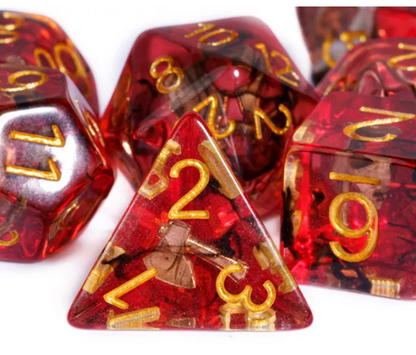 Translucent Red & Clear Barbarian-Style 7-Dice Set Gold Axe Inside