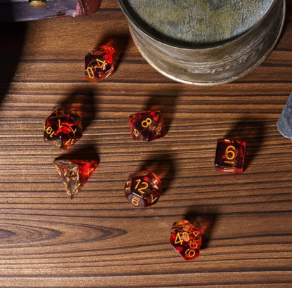 Translucent Red & Clear Barbarian-Style 7-Dice Set Gold Axe Inside