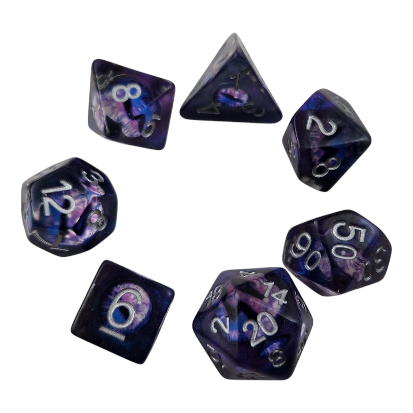 Dragon Eye Dice Set — Purple, Blue & Light Pink