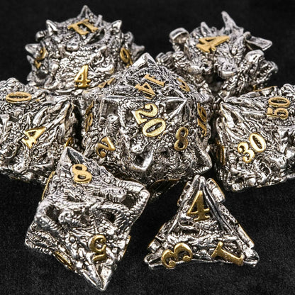 dungeons and dragons silver shaped dragon head metal hollow dice set