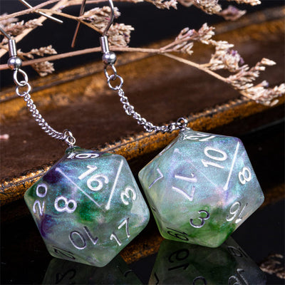 Glitter Green Dice Earrings: D20 Dice Spinning Colors Nerdy RPG Jewelry
