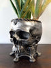 Human Skull Planter Pewter Finish, Hand Painted Resin Sculpture | Unique Gothic Home Decor | Spooky Art Gift and Gothic Home Decor