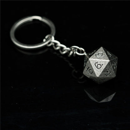 Nickel D20 Keychain Featuring Metal Dragon Font d20