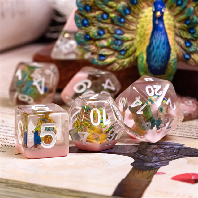 Peacock + Pink 7-Dice Set w/White Numbers Dnd Dice Set