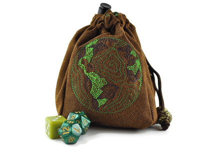 World Map Earth Dice Pouch — Vegan Leather Reversible Bag