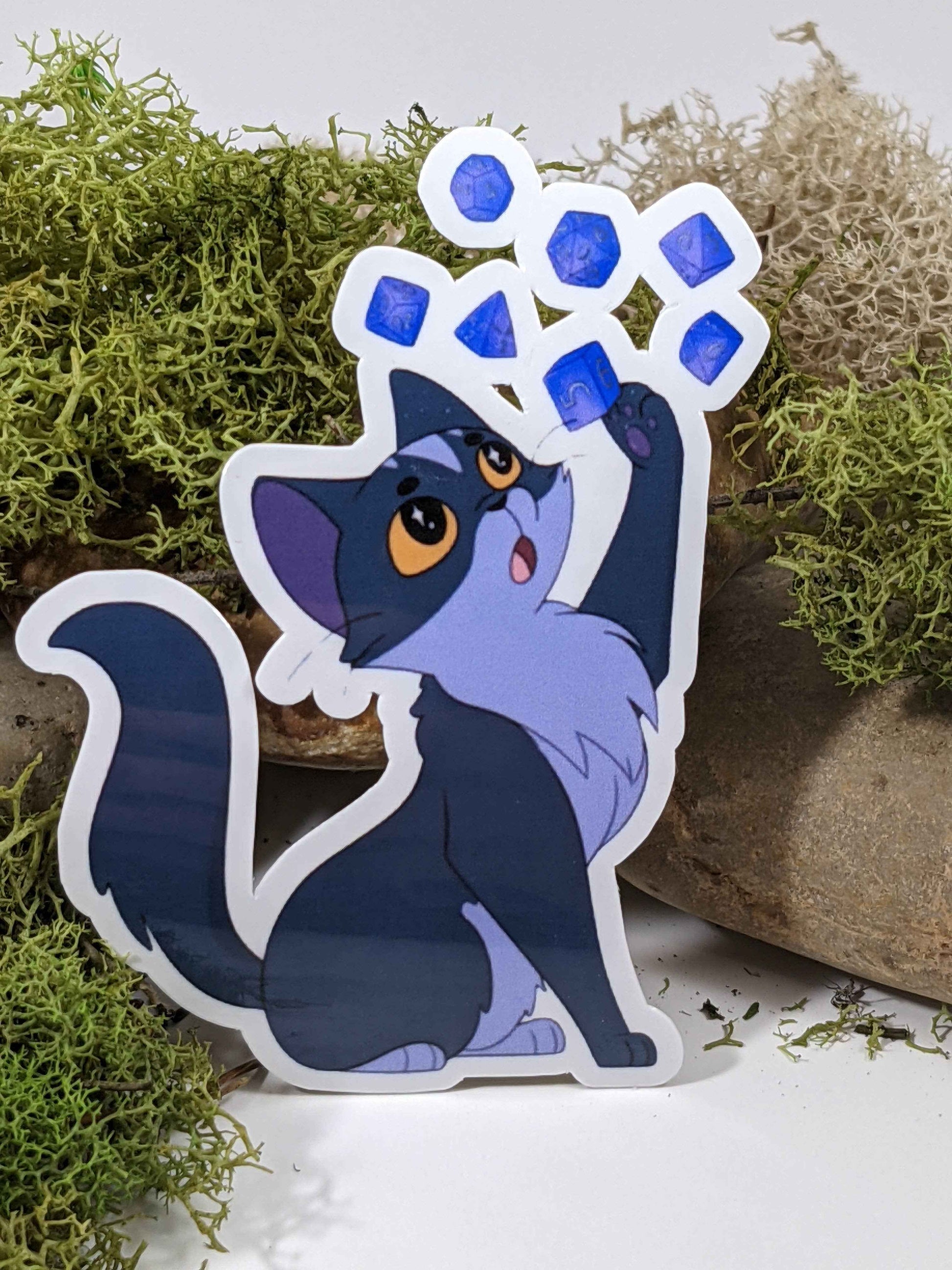 Cat Batting Polyhedral Dice Sticker – 2.5" Waterproof RPG Sticker