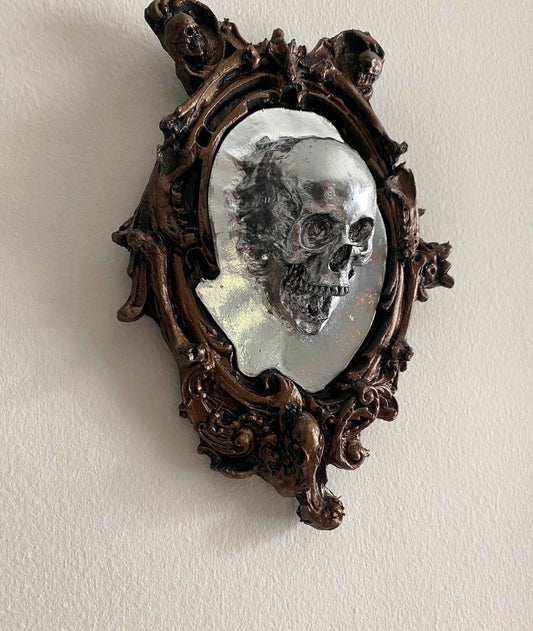 Spectral Skull Wall Plaque, Resin Sculpture | Victorian Gothic Haunted Wall Art | Ghost Skull in Mirror for Halloween, Spooky Home Decor