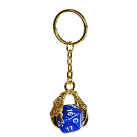 Claw Blue D20 Keychain Featuring Gold Metal Dragon Claw + d20