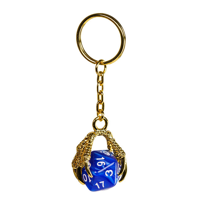 Claw Blue D20 Keychain Featuring Gold Metal Dragon Claw + d20
