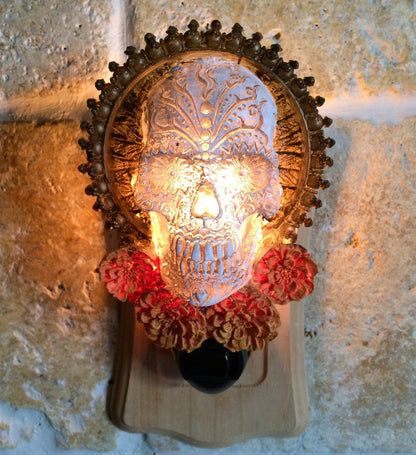 Dia de los Muertos Nightlight, Hand Painted Resin Sculpture | Gothic Night Light |  Day of the Dead Lighting for Gothic Fantasy Home Decor