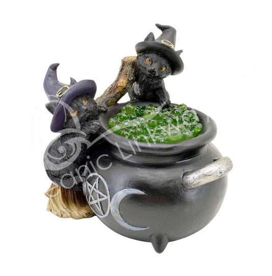 Witchy Halloween Led Light Black Cat With Cauldron & Broom 5.10"