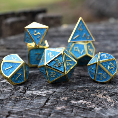Elder Runes Glitter Aqua And Gold Metal Dice Set