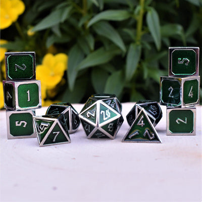 Elder Runes Emerald And Silver Metal Dice Set