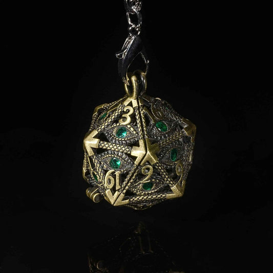 Emerald Dragon Eye Metal Hollow D20 Dice Pendant + 7 Mini Metal Dice Set