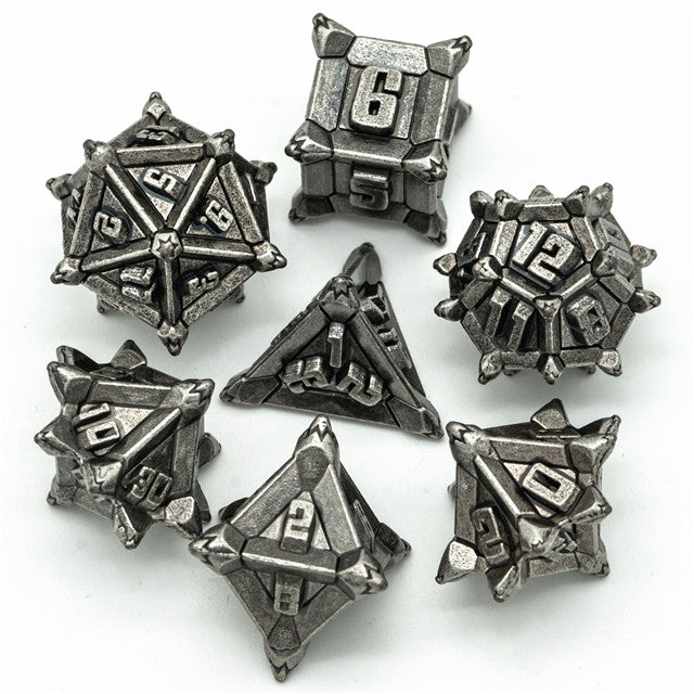 Vintage Silver Pinwheel Strengthened Metal 7-Dice Set | Metal DND Dice