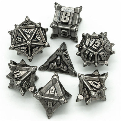 Vintage Silver Pinwheel Strengthened Metal 7-Dice Set | Metal DND Dice
