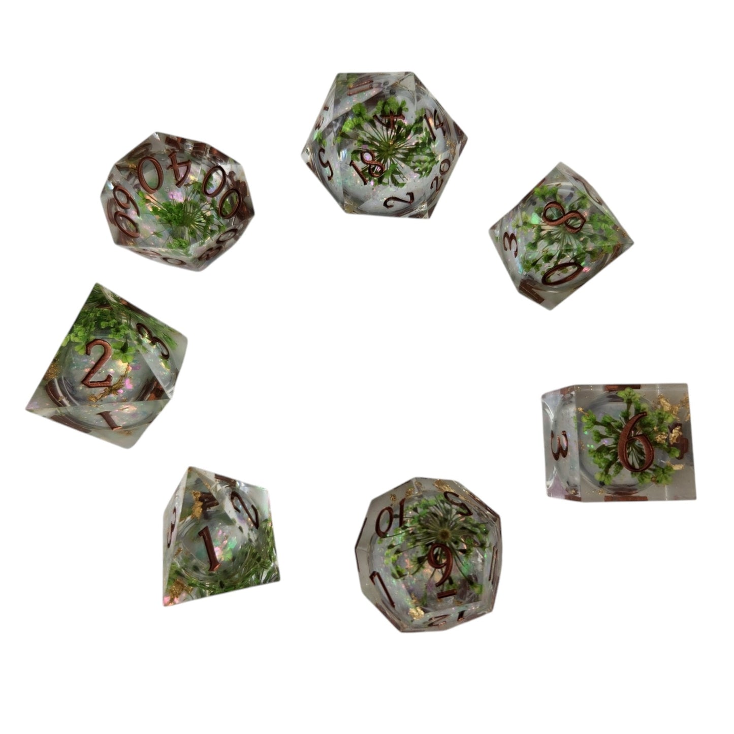 Fairy Garden Sharp-Edge Liquid Core 7-Piece Resin DND Dice Set
