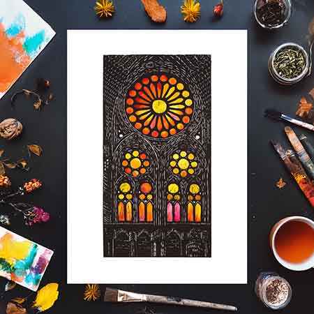 Sagrada Família Sunset Window – Hand-Colored Linocut Print in Warm Tones