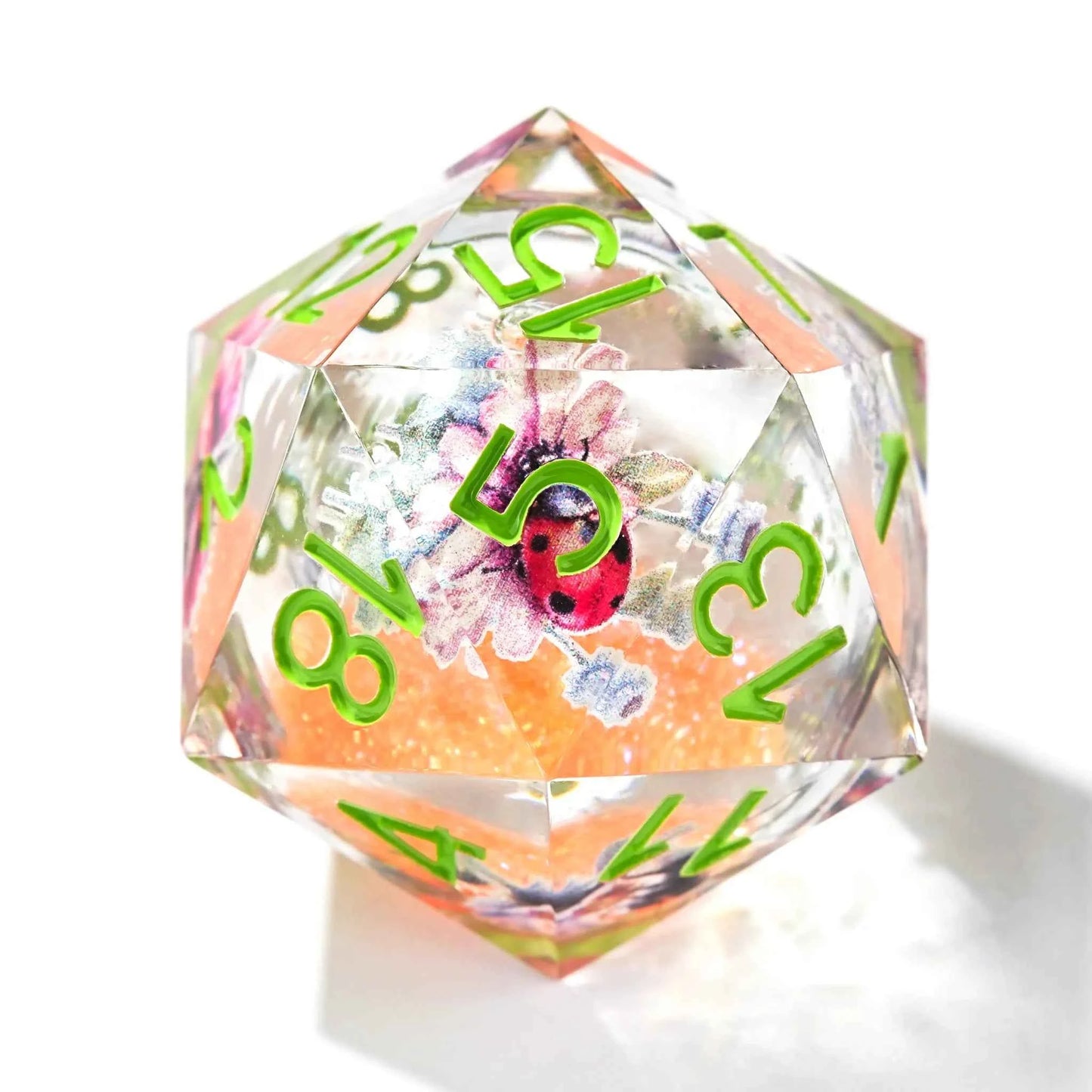 Fantasy Flower Orange Liquid Core Resin Dice Set + Green Numbers