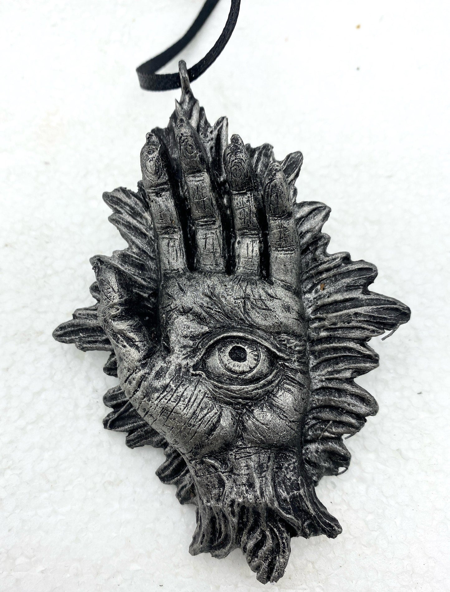 Hand of Protection Relic, Hamsa Ornament, Hand Painted Resin Sculpture |Occult Folklore Figurine | Evil Eye Pagan Ornament for Holiday Decor
