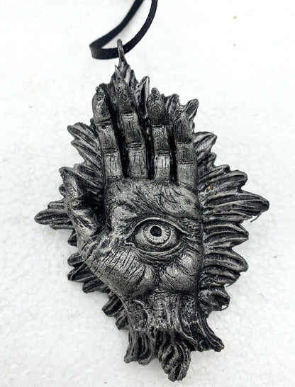 Hand of Protection Relic, Hamsa Ornament, Hand Painted Resin Sculpture |Occult Folklore Figurine | Evil Eye Pagan Ornament for Holiday Decor