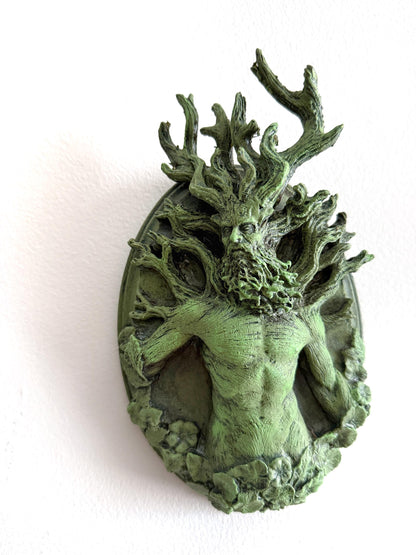 Green Man / Cernunnos Wall Plaque – Hand Painted Resin Relief Sculpture