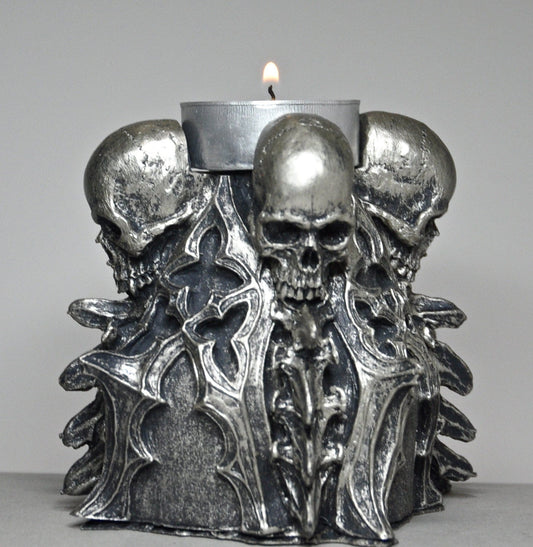 Requiem Gothic Tea Light Holder, Hand Sculpted Resin | Spooky Gothic Skull and Bones Candle Holder for Halloween Gift and Gothic Decor