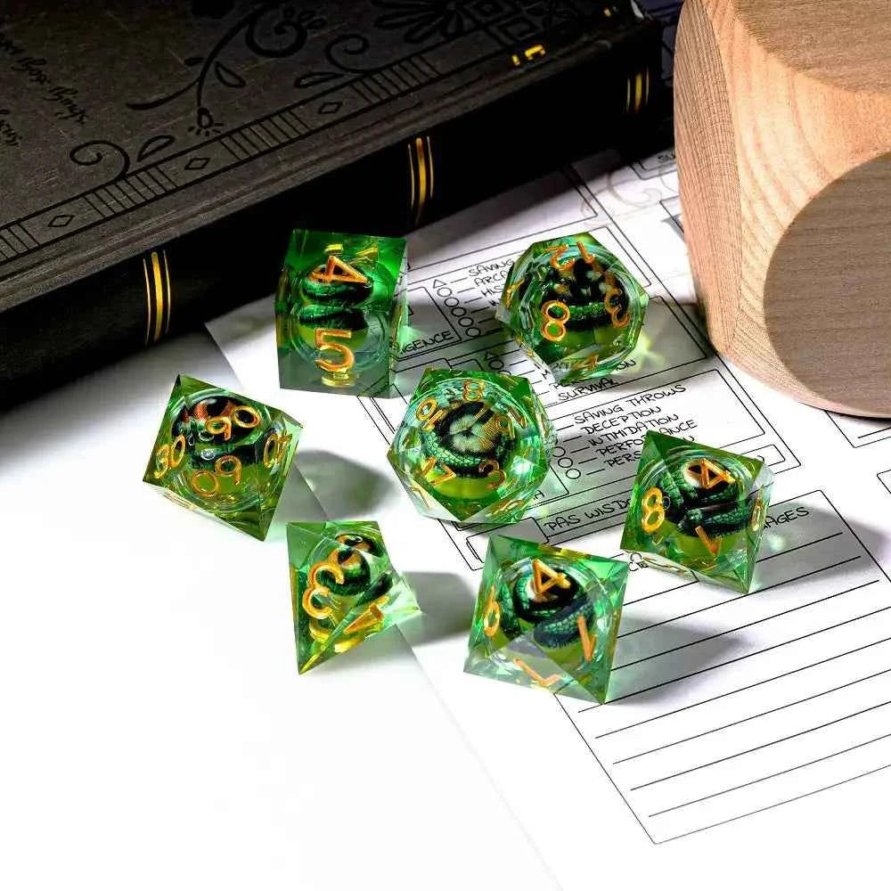 Fierce Crocodile Eyes Liquid Core Resin DND Dice Set + Gold Lettering