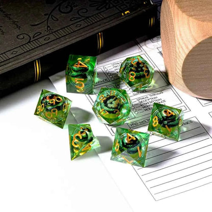 Fierce Crocodile Eyes Liquid Core Resin DND Dice Set + Gold Lettering