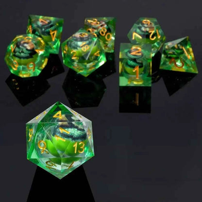 Fierce Crocodile Eyes Liquid Core Resin DND Dice Set + Gold Lettering