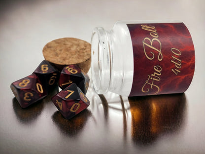 Fire Bolt Spell Dice Jar — 4 Black & Red D10s in Glass Bottle