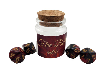 Fire Bolt Spell Dice Jar — 4 Black & Red D10s in Glass Bottle