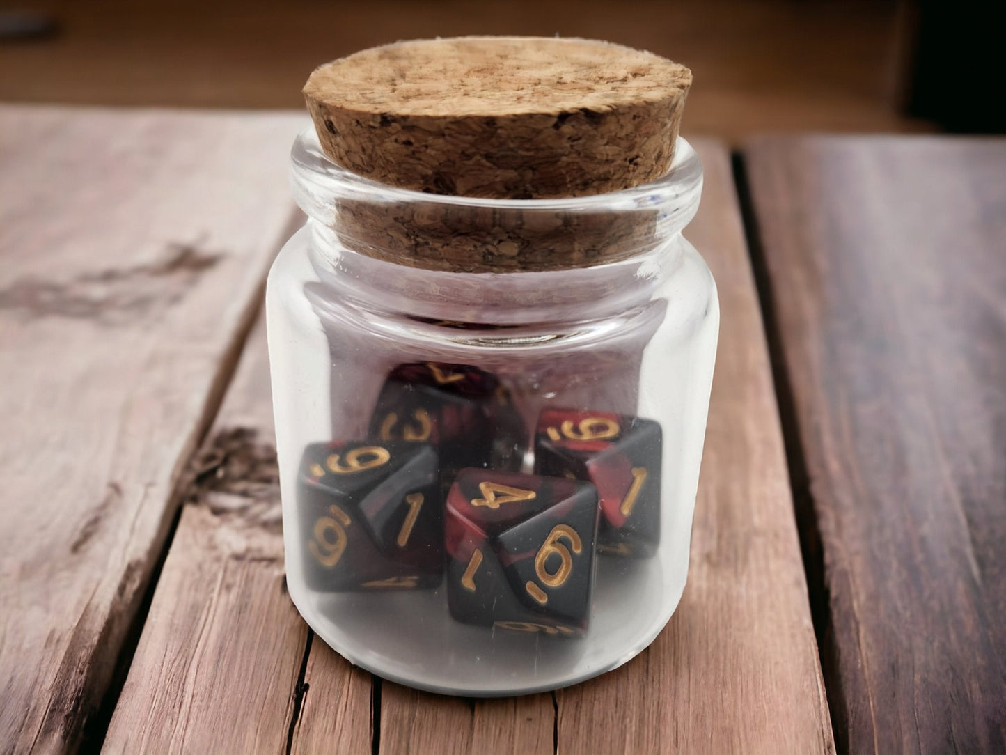 Fire Bolt Spell Dice Jar — 4 Black & Red D10s in Glass Bottle