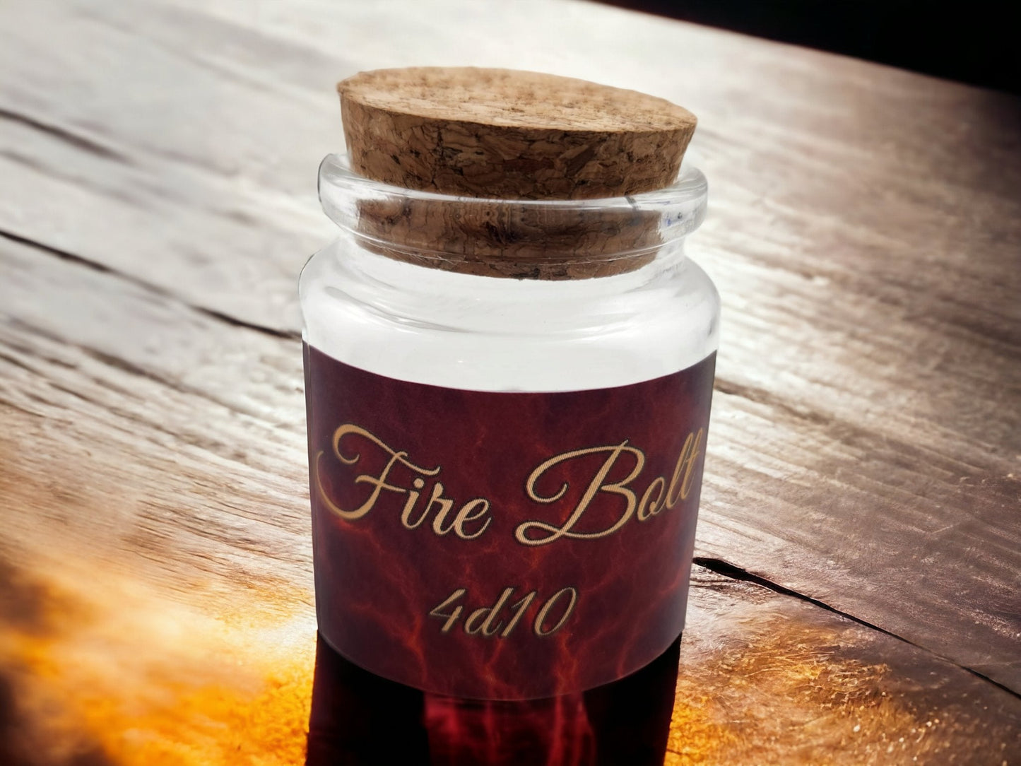 Fire Bolt Spell Dice Jar — 4 Black & Red D10s in Glass Bottle