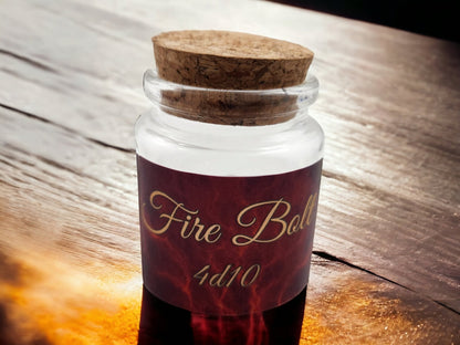 Fire Bolt Spell Dice Jar — 4 Black & Red D10s in Glass Bottle