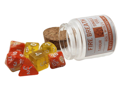 Fire Breath Potion Dice Jar — Mixed Swirl 7-Piece DND Dice Set