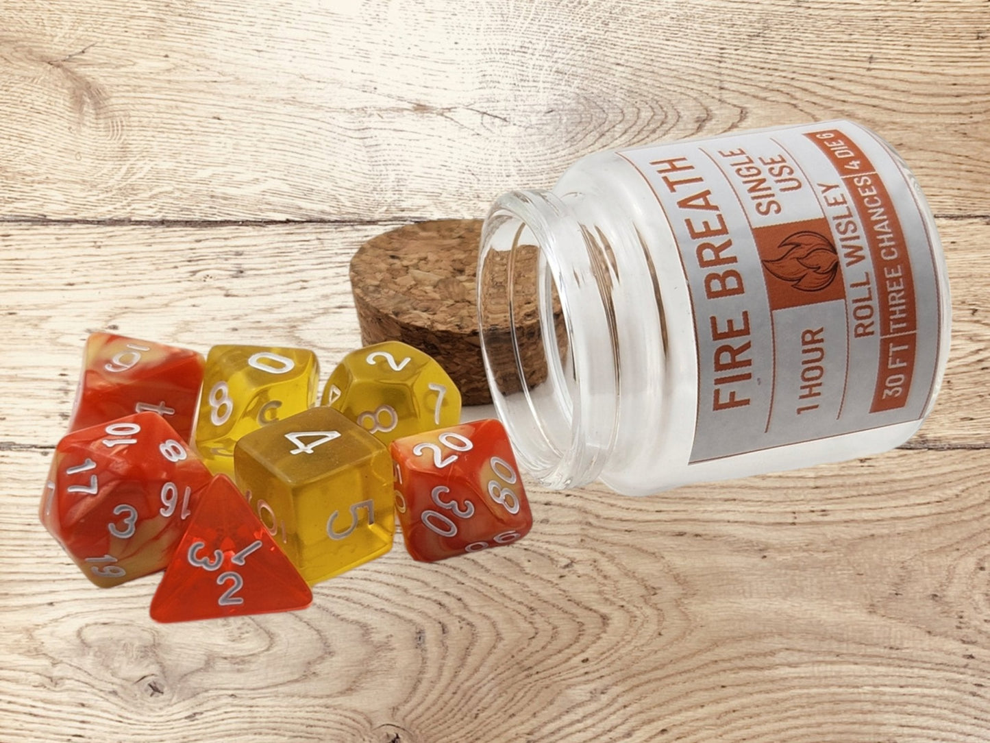 Fire Breath Potion Dice Jar — Mixed Swirl 7-Piece DND Dice Set