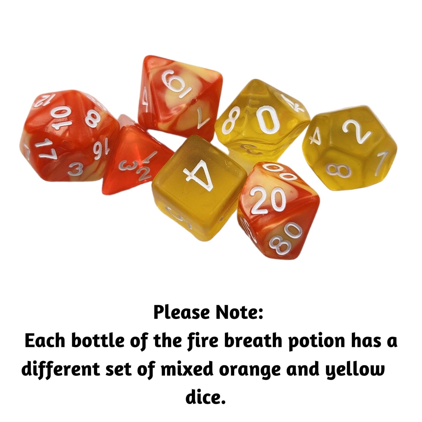 Fire Breath Potion Dice Jar — Mixed Swirl 7-Piece DND Dice Set