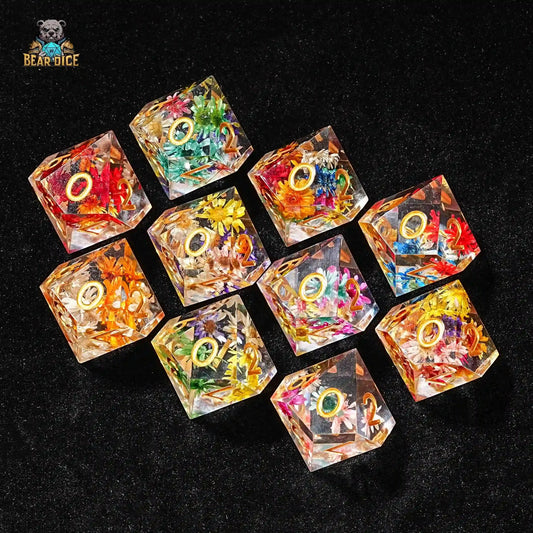 Floral Crystal D10 Dice - Clear Resin with Gold Numbers