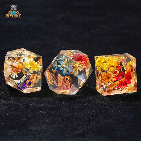 Floral Crystal D10 Dice - Clear Resin with Gold Numbers